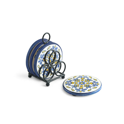 ExclusiveLane 'Bloomy' Ceramic Tea Coasters with Iron Holder (Set Of 4, Hand-Painted)