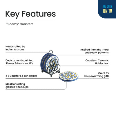 ExclusiveLane 'Bloomy' Ceramic Tea Coasters with Iron Holder (Set Of 4, Hand-Painted)