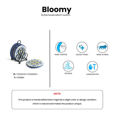 ExclusiveLane 'Bloomy' Ceramic Tea Coasters with Iron Holder (Set Of 4, Hand-Painted)