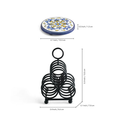 ExclusiveLane 'Bloomy' Ceramic Tea Coasters with Iron Holder (Set Of 4, Hand-Painted)