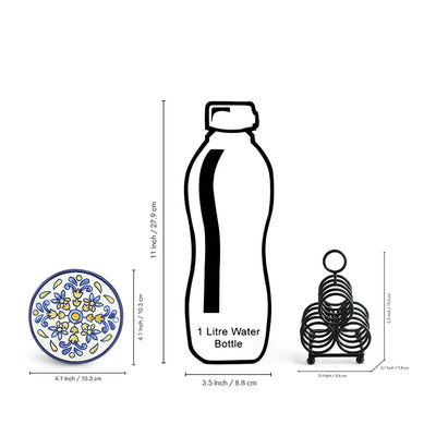 ExclusiveLane 'Bloomy' Ceramic Tea Coasters with Iron Holder (Set Of 4, Hand-Painted)