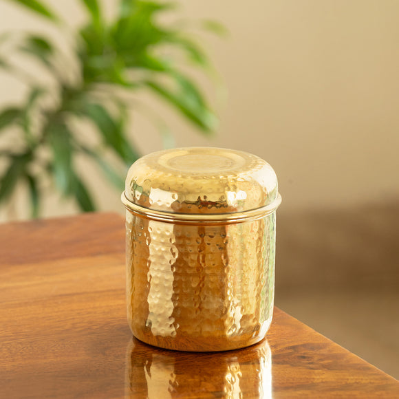  'Roundabout Keepsake' Multi-Utility Storage Brass Jar & Container (100% Pure Brass, Air-Tight, 850 ML, Hand-Hammered)