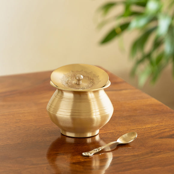  'Gleeming Ghee' Brass Ghee Pot With Spoon (Hand-Etched, 380 ML, 100% Pure Brass)