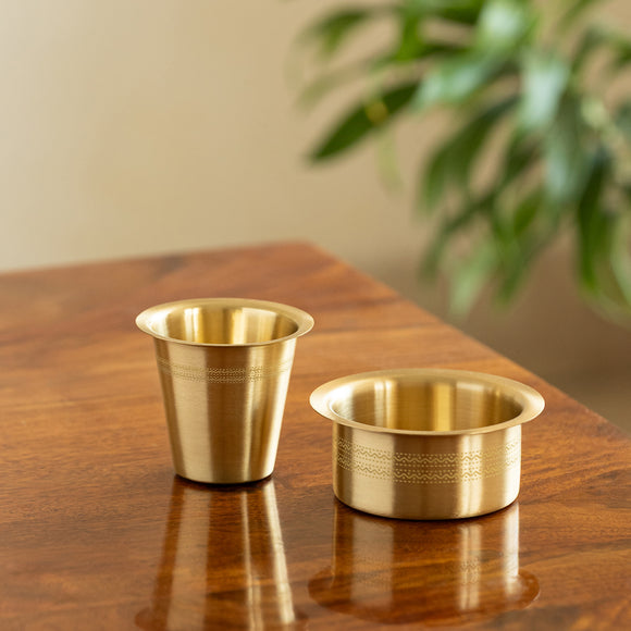  'South Indian' Tea & Coffee Pure Brass Dabara Cup Set (100% Pure Brass, Cup Capacity : 120 ml, Dabara Capacity : 170 ml, Hand-Etched)