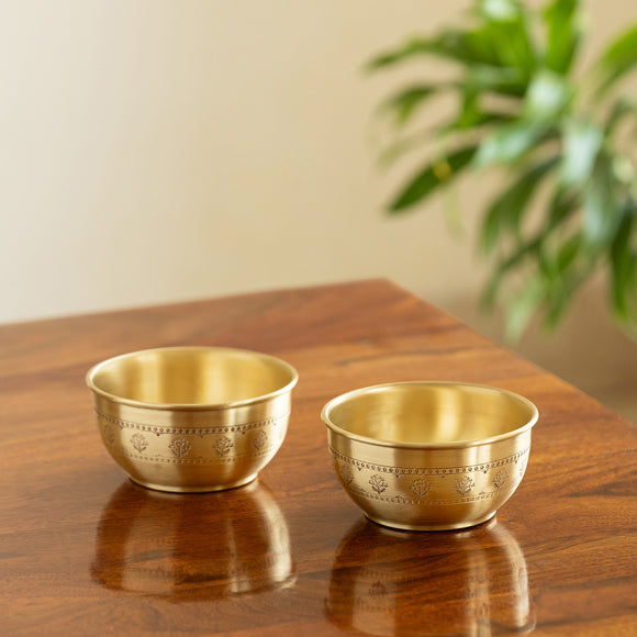 'Floral Booti' Brass Dinner Bowls/Serving Katoris (Set Of 2, Hand-Etched, 260 ML, 100% Pure Brass)