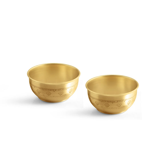  'Floral Booti' Brass Dinner Bowls/Serving Katoris (Set Of 2, Hand-Etched, 260 ML, 100% Pure Brass)