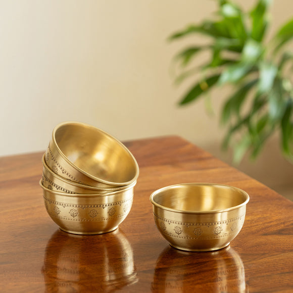  'Floral Booti' Brass Dinner Bowls/Serving Katoris (Set Of 4, Hand-Etched, 260 ML, 100% Pure Brass)