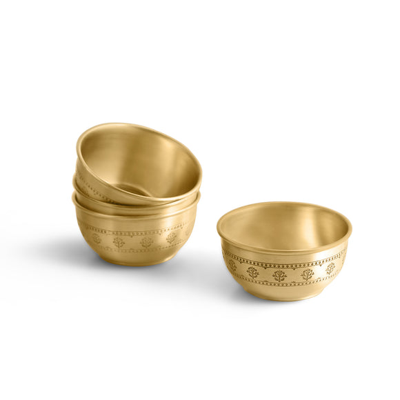  'Floral Booti' Brass Dinner Bowls/Serving Katoris (Set Of 4, Hand-Etched, 260 ML, 100% Pure Brass)