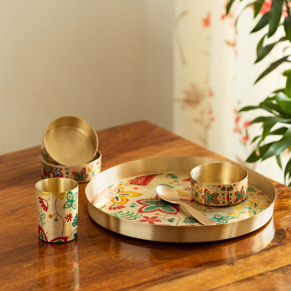  'Heritage Flora' Brass Thali/Dinner Set (6 pieces- 1 Thali, 1 Small Katori, 2 Dinning Katoris, 1 Spoon & 1 Glass, Serving for 1, Hand-Enamelled, 100% Pure Brass)