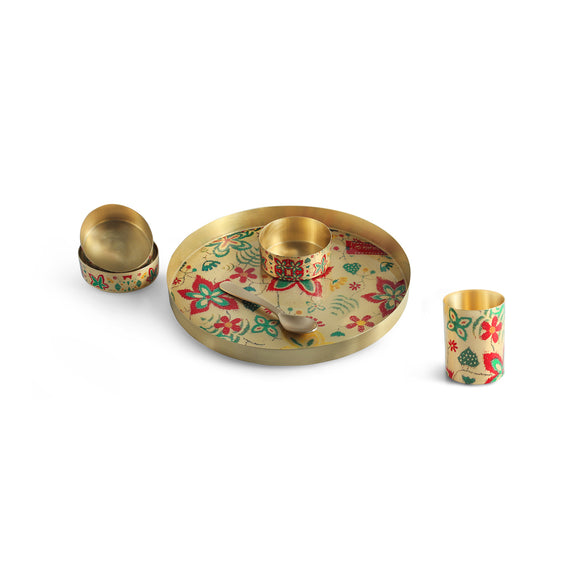  'Heritage Flora' Brass Thali/Dinner Set (6 pieces- 1 Thali, 1 Small Katori, 2 Dinning Katoris, 1 Spoon & 1 Glass, Serving for 1, Hand-Enamelled, 100% Pure Brass)