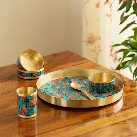  'Heritage Village' Brass Thali/Dinner Set (6 pieces- 1 Thali, 1 Small Katori, 2 Dinning Katoris, 1 Spoon & 1 Glass, Serving for 1, Hand-Enamelled, 100% Pure Brass)