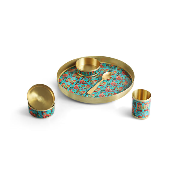 'Heritage Village' Brass Thali/Dinner Set (6 pieces- 1 Thali, 1 Small Katori, 2 Dinning Katoris, 1 Spoon & 1 Glass, Serving for 1, Hand-Enamelled, 100% Pure Brass)