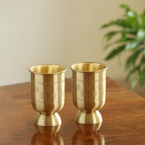  'Floral Booti' Brass Water Glasses (Set of 2, 360 ML, Hand-Etched, 100% Pure Brass)