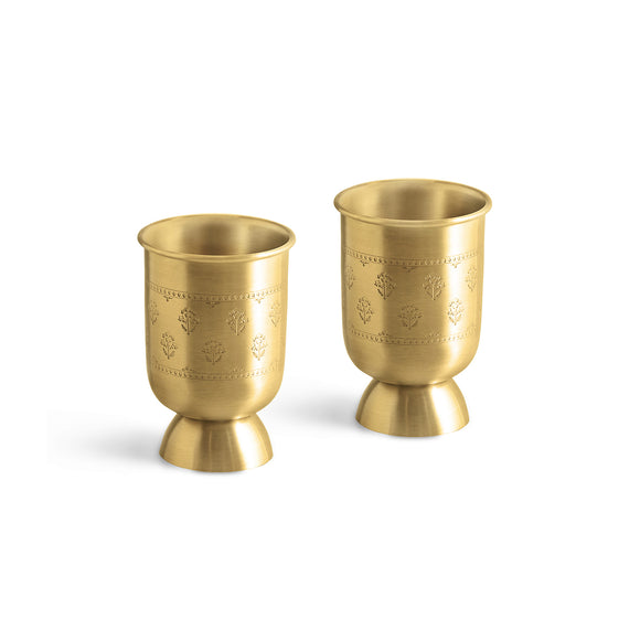  'Floral Booti' Brass Water Glasses (Set of 2, 360 ML, Hand-Etched, 100% Pure Brass)