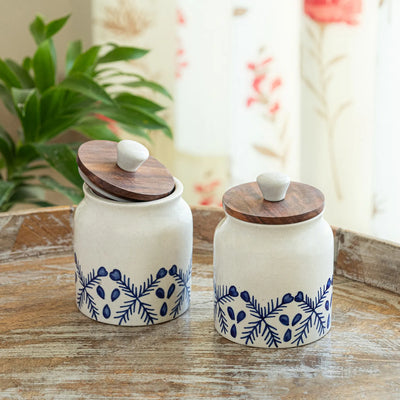 ExclusiveLane 'Royal Mughal' Multi-Utility Storage Jars & Containers In Ceramic With Wooden Lid (Set of 2, Airtight, 380 ML, Hand-Painted, 13.4 Cm)