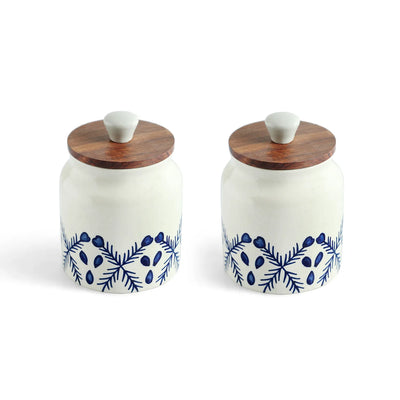 ExclusiveLane 'Royal Mughal' Multi-Utility Storage Jars & Containers In Ceramic With Wooden Lid (Set of 2, Airtight, 380 ML, Hand-Painted, 13.4 Cm)