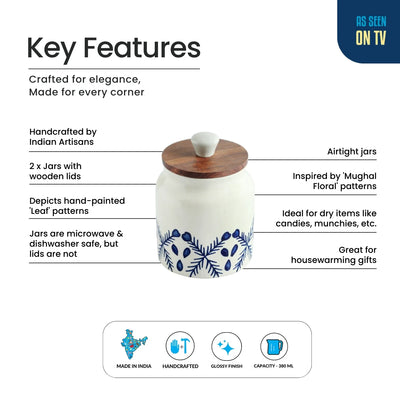 ExclusiveLane 'Royal Mughal' Multi-Utility Storage Jars & Containers In Ceramic With Wooden Lid (Set of 2, Airtight, 380 ML, Hand-Painted, 13.4 Cm)