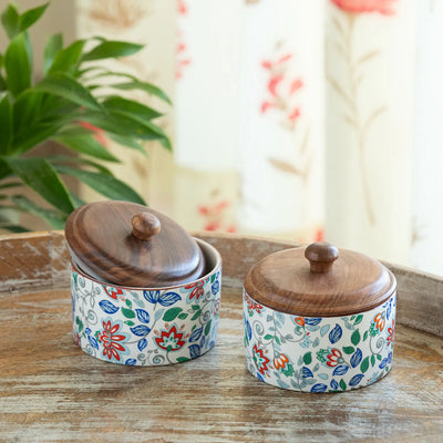 ExclusiveLane 'Floral Fusion' Multi-Utility Storage Jars & Containers In Ceramic With Wooden Lid (Set of 2, Airtight, 250 ML, Handrcafted, 9.0 Cm)