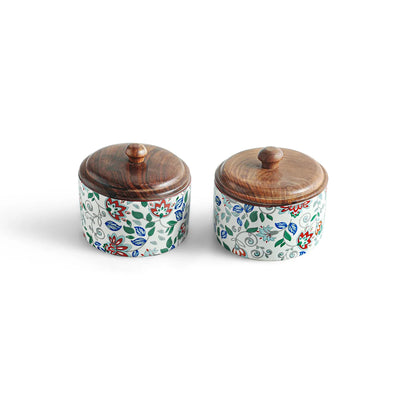 ExclusiveLane 'Floral Fusion' Multi-Utility Storage Jars & Containers In Ceramic With Wooden Lid (Set of 2, Airtight, 250 ML, Handrcafted, 9.0 Cm)