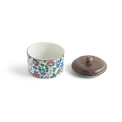 ExclusiveLane 'Floral Fusion' Multi-Utility Storage Jars & Containers In Ceramic With Wooden Lid (Set of 2, Airtight, 250 ML, Handrcafted, 9.0 Cm)