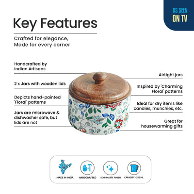 ExclusiveLane 'Floral Fusion' Multi-Utility Storage Jars & Containers In Ceramic With Wooden Lid (Set of 2, Airtight, 250 ML, Handrcafted, 9.0 Cm)