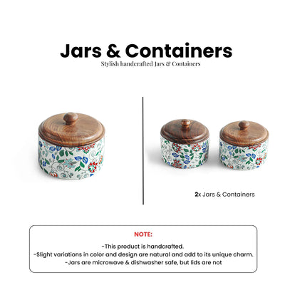 ExclusiveLane 'Floral Fusion' Multi-Utility Storage Jars & Containers In Ceramic With Wooden Lid (Set of 2, Airtight, 250 ML, Handrcafted, 9.0 Cm)
