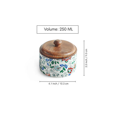 ExclusiveLane 'Floral Fusion' Multi-Utility Storage Jars & Containers In Ceramic With Wooden Lid (Set of 2, Airtight, 250 ML, Handrcafted, 9.0 Cm)