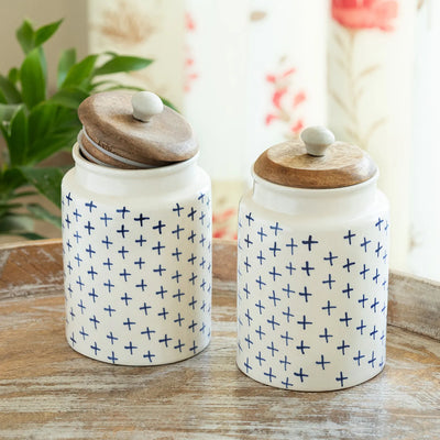 ExclusiveLane 'StarMark' Multi-Utility Storage Jars & Containers In Ceramic With Wooden Lid (Set of 2, Airtight, 670 ML, Hand-Painted, 18 Cm)