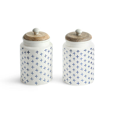 ExclusiveLane 'StarMark' Multi-Utility Storage Jars & Containers In Ceramic With Wooden Lid (Set of 2, Airtight, 670 ML, Hand-Painted, 18 Cm)