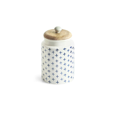 ExclusiveLane 'StarMark' Multi-Utility Storage Jars & Containers In Ceramic With Wooden Lid (Set of 2, Airtight, 670 ML, Hand-Painted, 18 Cm)