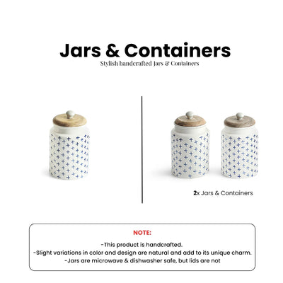 ExclusiveLane 'StarMark' Multi-Utility Storage Jars & Containers In Ceramic With Wooden Lid (Set of 2, Airtight, 670 ML, Hand-Painted, 18 Cm)