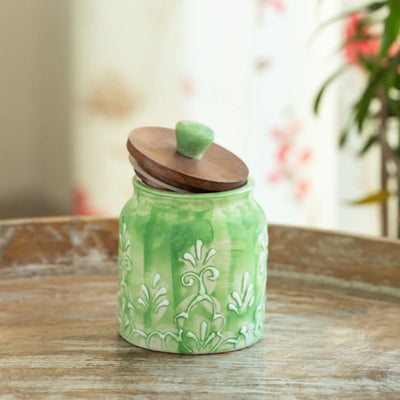 ExclusiveLane 'Forest Glade' Multi-Utility Storage Jar & Container In Ceramic With Wooden Lid (Airtight, 390 ML, Hand-Embossed, 13.5 Cm)