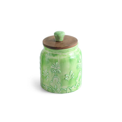 ExclusiveLane 'Forest Glade' Multi-Utility Storage Jar & Container In Ceramic With Wooden Lid (Airtight, 390 ML, Hand-Embossed, 13.5 Cm)