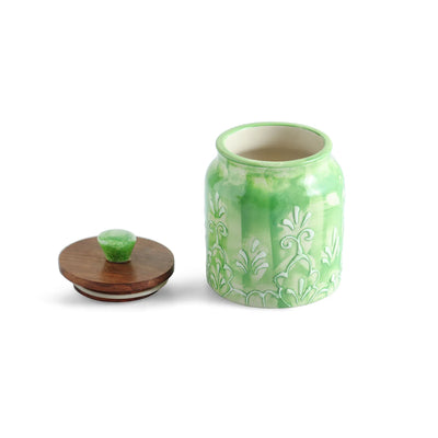 ExclusiveLane 'Forest Glade' Multi-Utility Storage Jar & Container In Ceramic With Wooden Lid (Airtight, 390 ML, Hand-Embossed, 13.5 Cm)