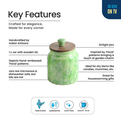 ExclusiveLane 'Forest Glade' Multi-Utility Storage Jar & Container In Ceramic With Wooden Lid (Airtight, 390 ML, Hand-Embossed, 13.5 Cm)
