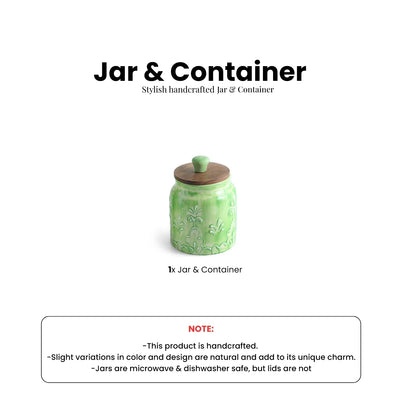 ExclusiveLane 'Forest Glade' Multi-Utility Storage Jar & Container In Ceramic With Wooden Lid (Airtight, 390 ML, Hand-Embossed, 13.5 Cm)