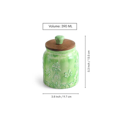 ExclusiveLane 'Forest Glade' Multi-Utility Storage Jar & Container In Ceramic With Wooden Lid (Airtight, 390 ML, Hand-Embossed, 13.5 Cm)