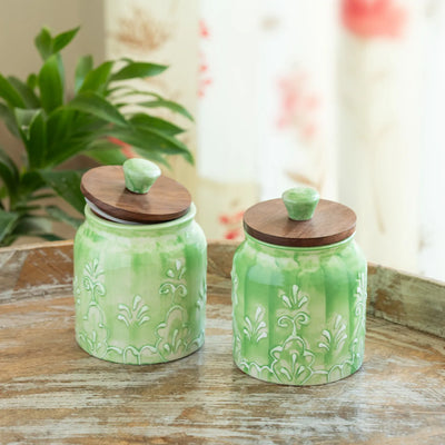 ExclusiveLane 'Green Keepers' Multi-Utility Storage Jars & Containers In Ceramic With Wooden Lid (Set of 2, Airtight, 390 ML, Hand-Embossed, 13.5 Cm)