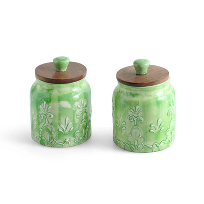 ExclusiveLane 'Green Keepers' Multi-Utility Storage Jars & Containers In Ceramic With Wooden Lid (Set of 2, Airtight, 390 ML, Hand-Embossed, 13.5 Cm)