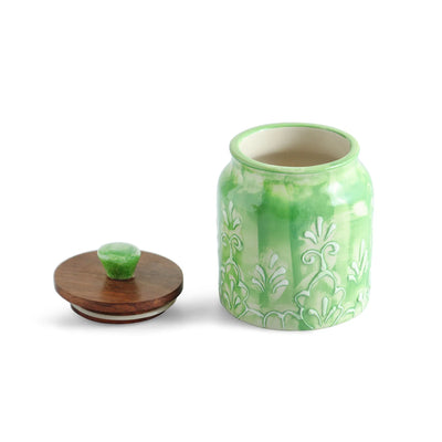ExclusiveLane 'Green Keepers' Multi-Utility Storage Jars & Containers In Ceramic With Wooden Lid (Set of 2, Airtight, 390 ML, Hand-Embossed, 13.5 Cm)