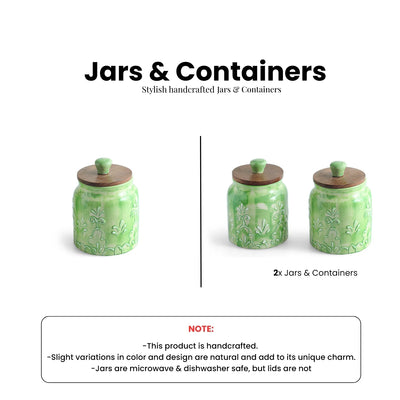 ExclusiveLane 'Green Keepers' Multi-Utility Storage Jars & Containers In Ceramic With Wooden Lid (Set of 2, Airtight, 390 ML, Hand-Embossed, 13.5 Cm)