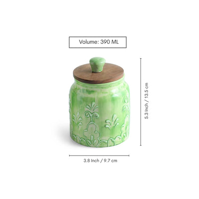 ExclusiveLane 'Green Keepers' Multi-Utility Storage Jars & Containers In Ceramic With Wooden Lid (Set of 2, Airtight, 390 ML, Hand-Embossed, 13.5 Cm)