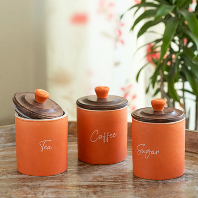 ExclusiveLane 'London Diary' Multi-Utility Storage Jars & Containers In Ceramic With Wooden Lid (Set of 3, Airtight, 330 ML, Handrcafted, 13.5 Cm)