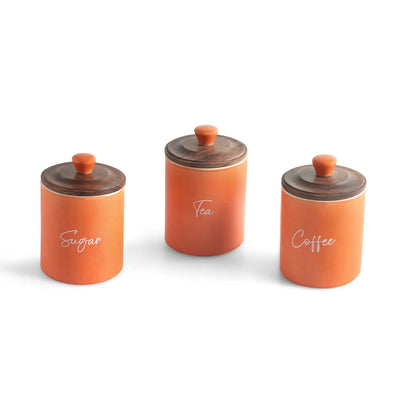 ExclusiveLane 'London Diary' Multi-Utility Storage Jars & Containers In Ceramic With Wooden Lid (Set of 3, Airtight, 330 ML, Handrcafted, 13.5 Cm)
