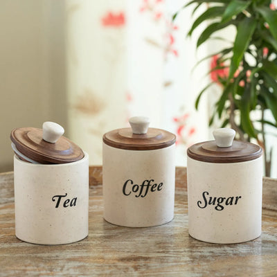 ExclusiveLane 'London Morning Trio' Multi-Utility Storage Jars & Containers In Ceramic With Wooden Lid (Set of 3, Airtight, 360 ML, Handrcafted, 13.5 Cm)