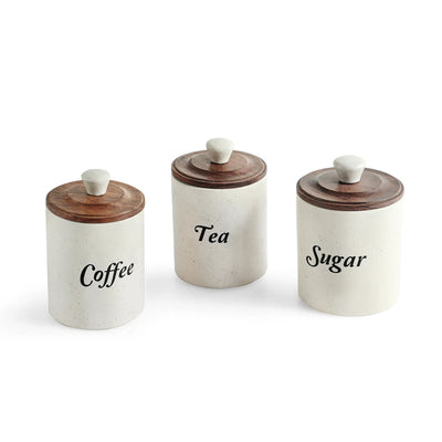 ExclusiveLane 'London Morning Trio' Multi-Utility Storage Jars & Containers In Ceramic With Wooden Lid (Set of 3, Airtight, 360 ML, Handrcafted, 13.5 Cm)