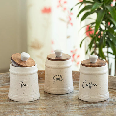 ExclusiveLane 'London Daily Rituals' Multi-Utility Storage Jars & Containers In Ceramic With Wooden Lid (Set of 3, Airtight, 300 ML, Hand-Embossed, 13.5 Cm)