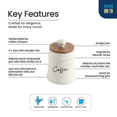 ExclusiveLane 'London Daily Rituals' Multi-Utility Storage Jars & Containers In Ceramic With Wooden Lid (Set of 3, Airtight, 300 ML, Hand-Embossed, 13.5 Cm)