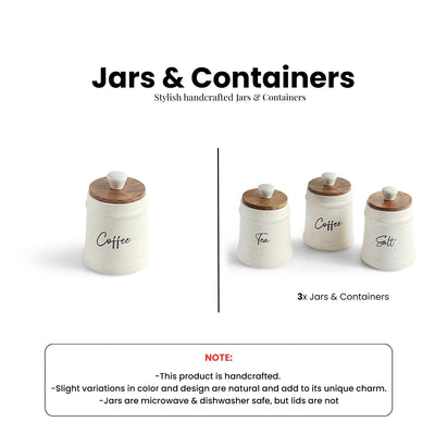 ExclusiveLane 'London Daily Rituals' Multi-Utility Storage Jars & Containers In Ceramic With Wooden Lid (Set of 3, Airtight, 300 ML, Hand-Embossed, 13.5 Cm)