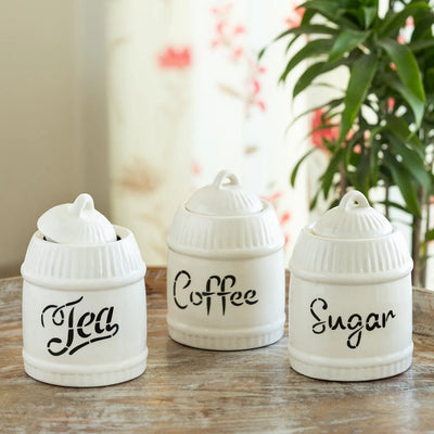 ExclusiveLane 'The London Tea Club' Multi-Utility Storage Jars & Containers In Ceramic (Set of 3, Non- Airtight, 520 ML, Hand-Embossed, 15.5 Cm)